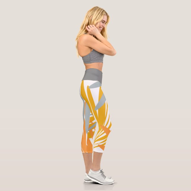 Tropical Botanical Yellow Grey Capri Leggings (Right)