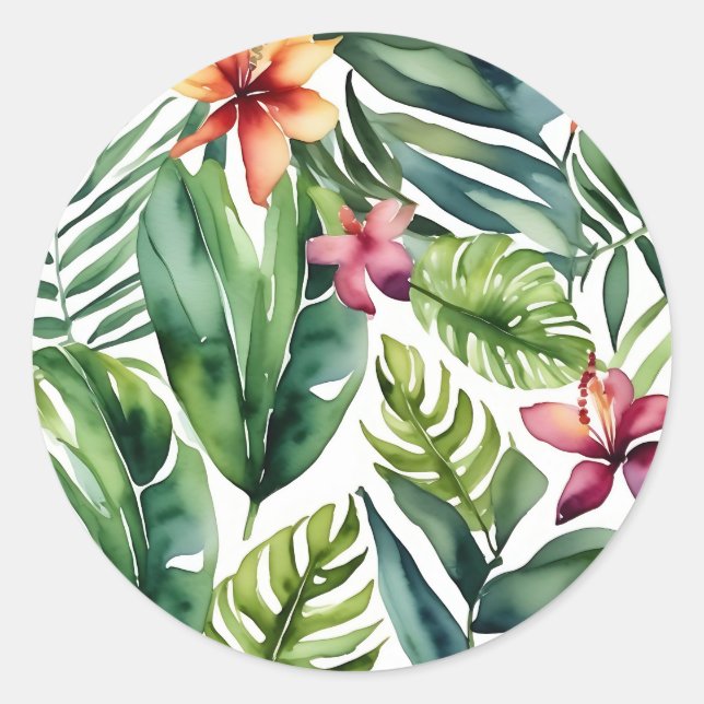Tropical Botanicals Vibrant Watercolor Foliage Classic Round Sticker (Front)