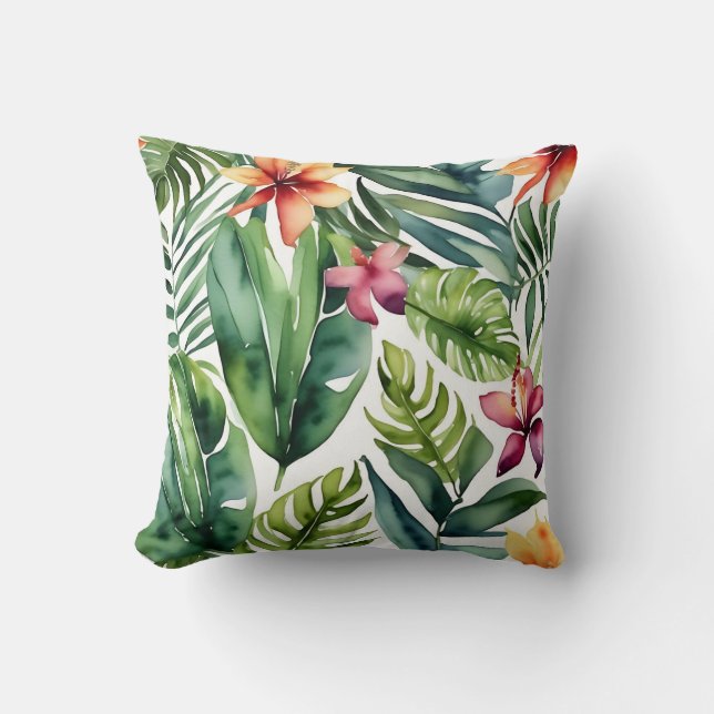 Tropical Botanicals Vibrant Watercolor Foliage Cushion (Front)