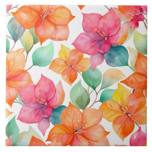 Tropical bougainvillea pattern seamless ceramic tile (Front)