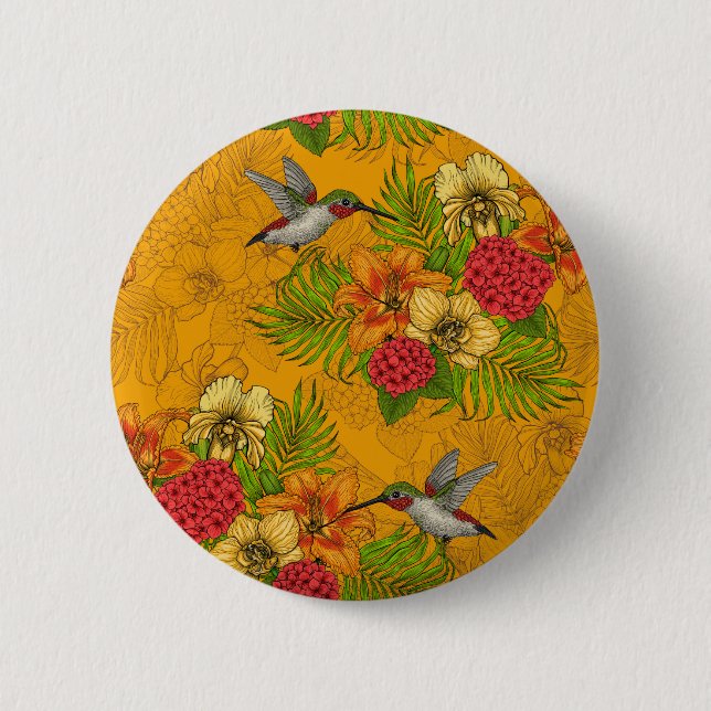 Tropical bouquet and hummingbirds 2 6 cm round badge (Front)