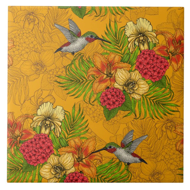Tropical bouquet and hummingbirds 2 ceramic tile (Front)