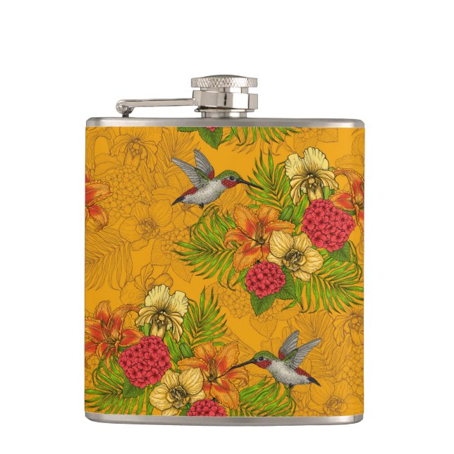 Tropical bouquet and hummingbirds 2 hip flask (Front)