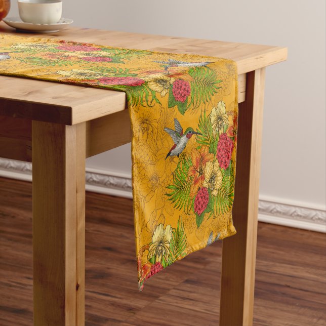 Tropical bouquet and hummingbirds 2 short table runner (In Situ)