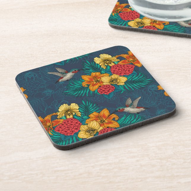 Tropical bouquet and hummingbirds coaster (Left Side)