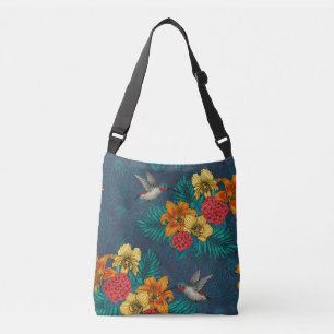 Tropical bouquet and hummingbirds crossbody bag