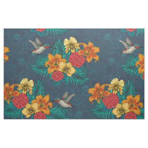 Tropical bouquet and hummingbirds fabric