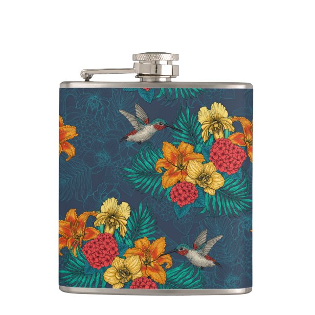 Tropical bouquet and hummingbirds hip flask (Front)