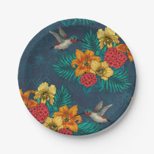 Tropical bouquet and hummingbirds paper plate