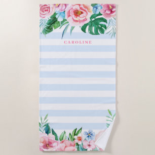 Tropical Bouquet Floral Blue Stripes Watercolor Beach Towel