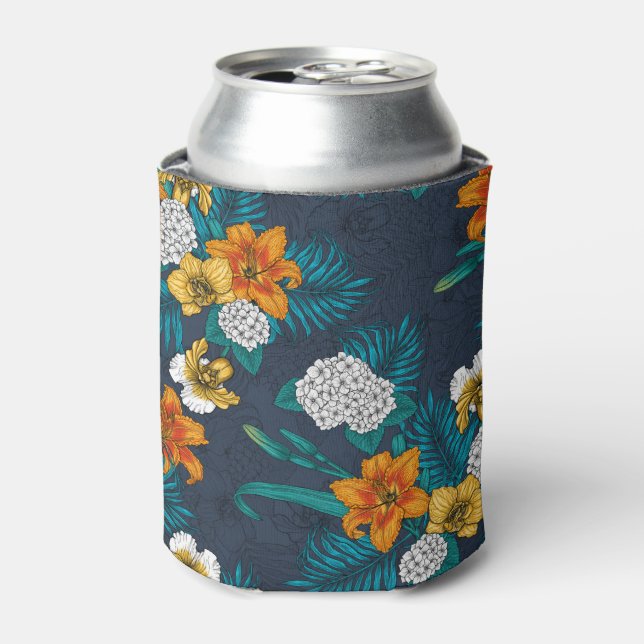 Tropical bouquet on blue can cooler (Can Front)