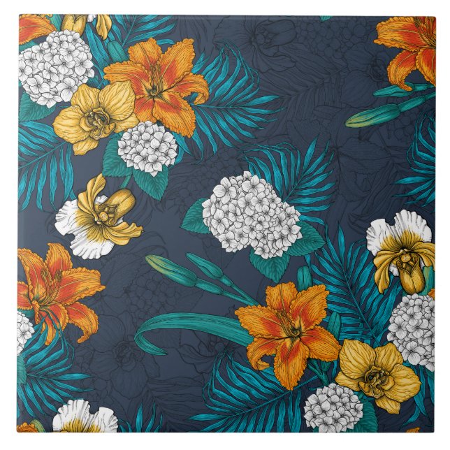 Tropical bouquet on blue ceramic tile (Front)