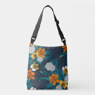 Tropical bouquet on blue crossbody bag