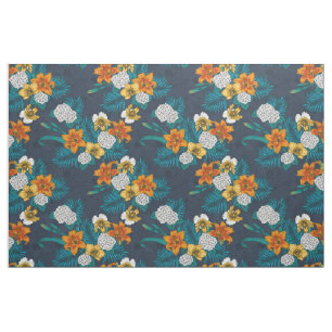 Tropical bouquet on blue fabric