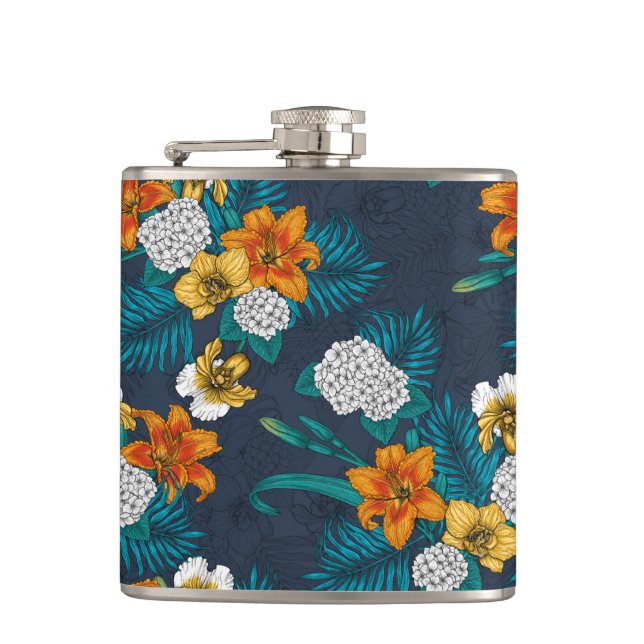 Tropical bouquet on blue hip flask (Front)