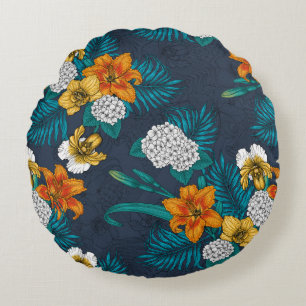 Tropical bouquet on blue round cushion