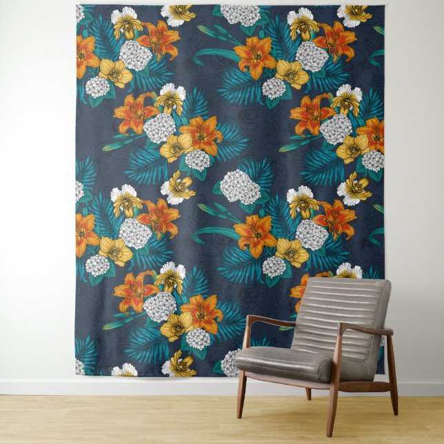 Tropical bouquet on blue tapestry (In Situ)