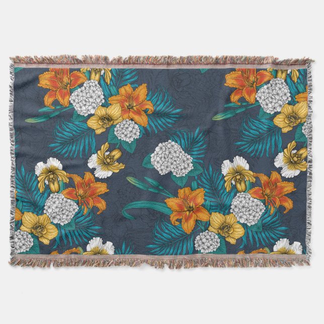 Tropical bouquet on blue throw blanket (Front)
