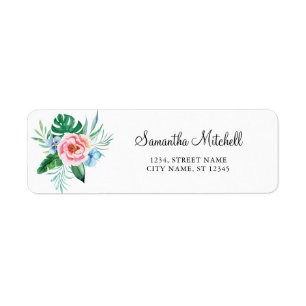 Tropical Bouquet Pink Green Floral Watercolor Return Address Label