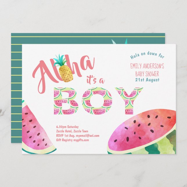 Tropical BOY Baby Shower Invites ALOHA Watermelon (Front/Back)