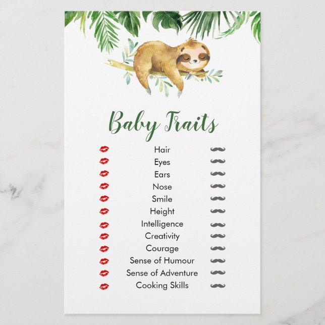 Tropical Boy Sloth Baby Shower Baby Traits (Front)