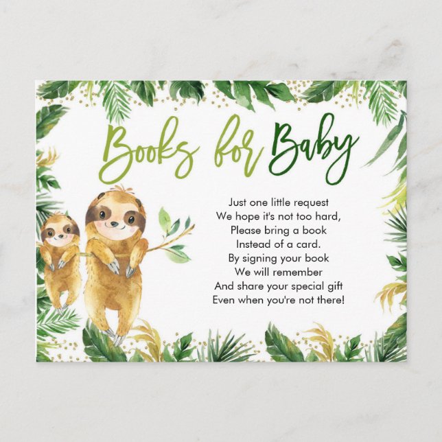 Tropical Boy Sloth Baby Shower Books for Baby Invitation Postcard (Front)