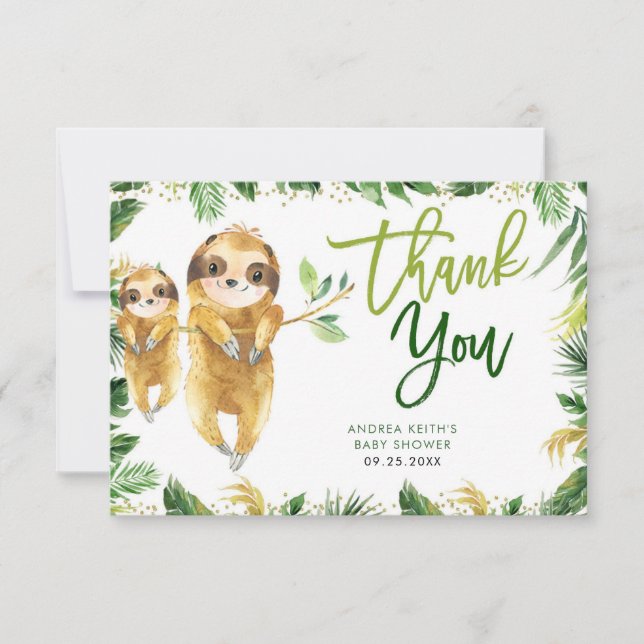 Tropical Boy Sloth Baby Shower Thank You Card (Front)