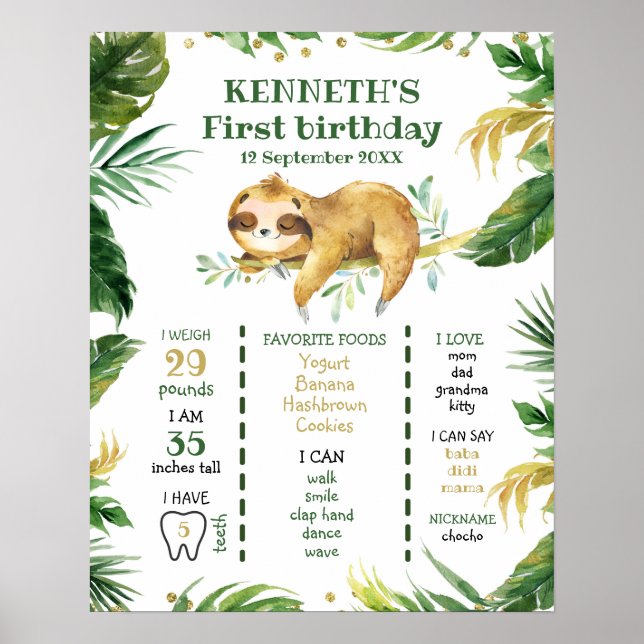 Tropical Boy Sloth First Birthday Sign (Front)