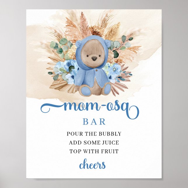 Tropical boy teddy bear blue flowers Mum-osa bar Poster (Front)