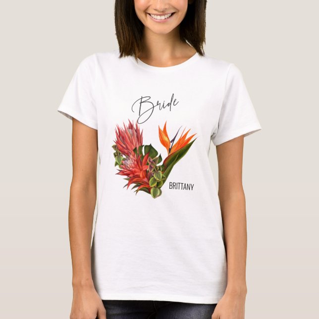 Tropical Breeze Bride Calligraphy Floral Wedding T-Shirt (Front)
