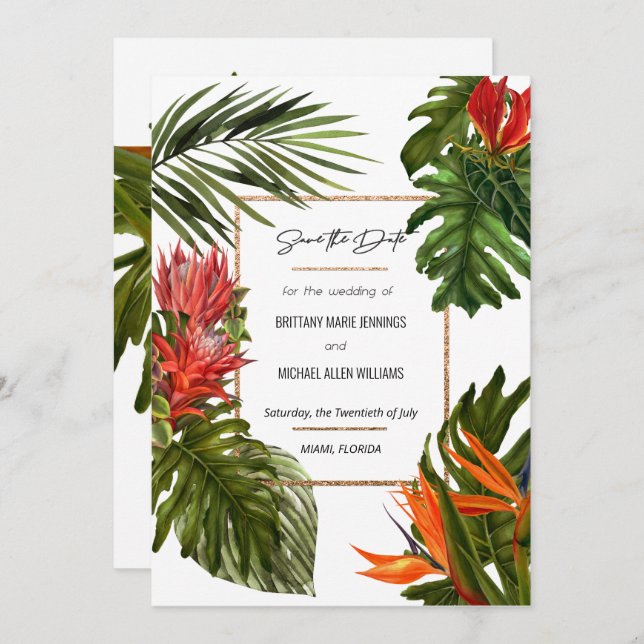 Tropical Breeze Lush Rich Botanical Save the Date Invitation (Front/Back)
