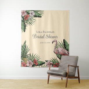 Tropical Bridal Shower Floral Flamingo Backdrop Tapestry