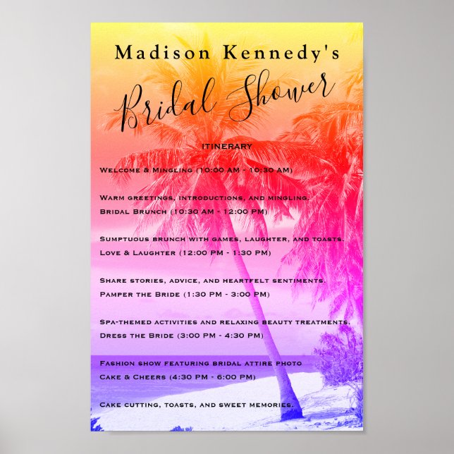 Tropical 🎀 Bridal Shower Itinerary Palm Colours Poster (Front)
