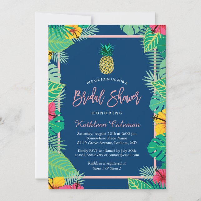 Tropical Bridal Shower | Navy Blue Gold Pineapple Invitation (Front)