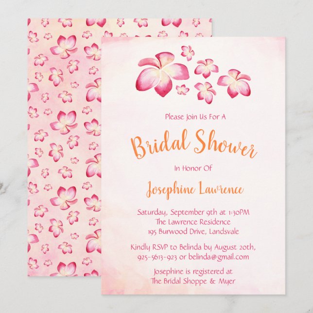 Tropical Bridal Shower Pink Plumeria Invitation (Front/Back)