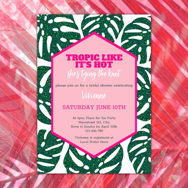 Tropical Bridal Shower Wild Pink Glitter Monstera Invitation (tropical bridal shower tropic like its' hot she's tying the knot pink glitter monstera destination)
