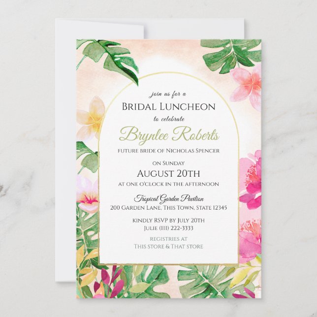 Tropical Bridal Shower with Gold Frame Arch Invitation (Front)