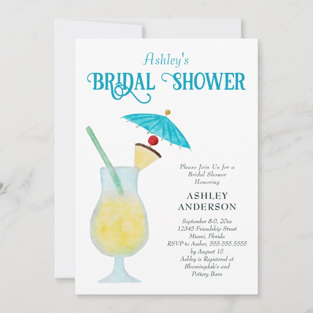 Tropical Bridal Shower with Piña Colada Cocktail Invitation (Front)