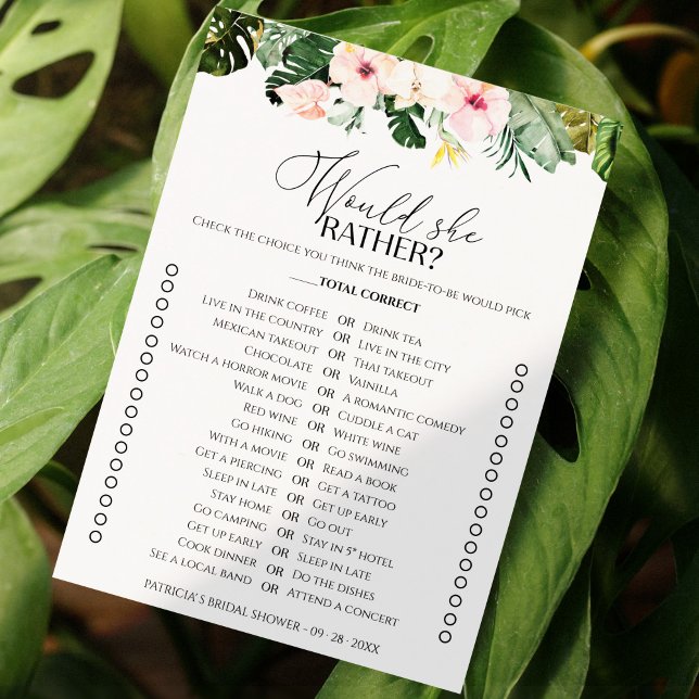 Tropical bridal shower Would She Rather Game card (Creator Uploaded)