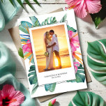 Tropical Bride and Groom Wedding Thank You<br><div class="desc">These folded tropical wedding thank you cards feature a photo of the bride and groom framed by pink hibiscus flowers with monstera palm leaves. Use the template fields to add the bride and groom names and custom text. A tropical choice for bridal shower and weddings. To see more destination wedding...</div>