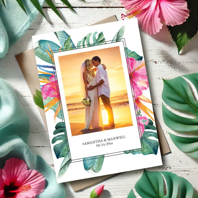 Tropical Bride and Groom Wedding Thank You (Wedding thank you cards tropical destination with template for bride and groom photo and custom text)