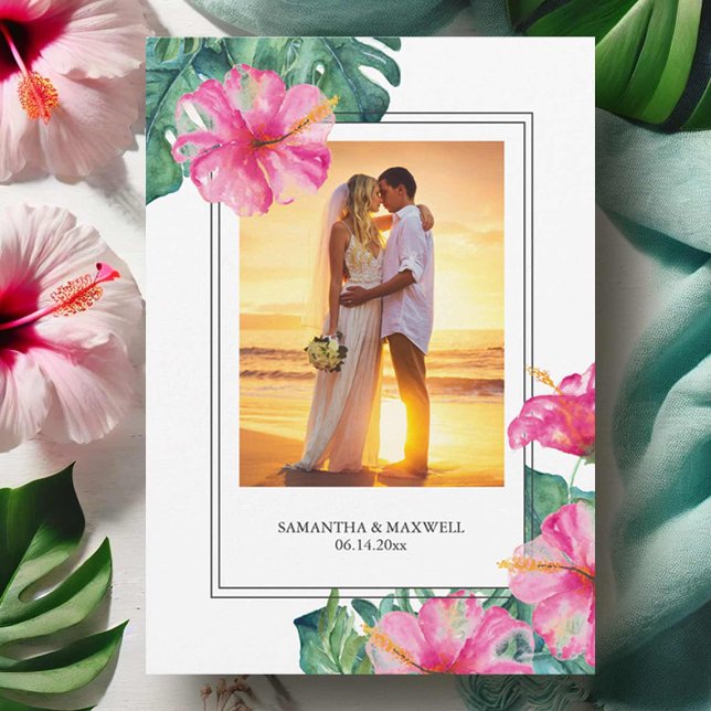 Tropical Bride and Groom Wedding Thank You (Tropical wedding thank you card watercolor hibiscus flowers and palm leaves by Victoria Grigaliunas)