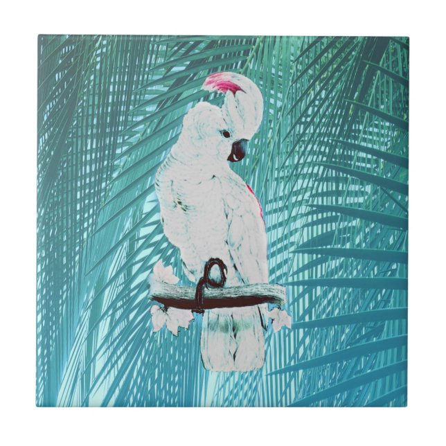 Tropical bright white cockatoo palm leaves ceramic tile (Front)