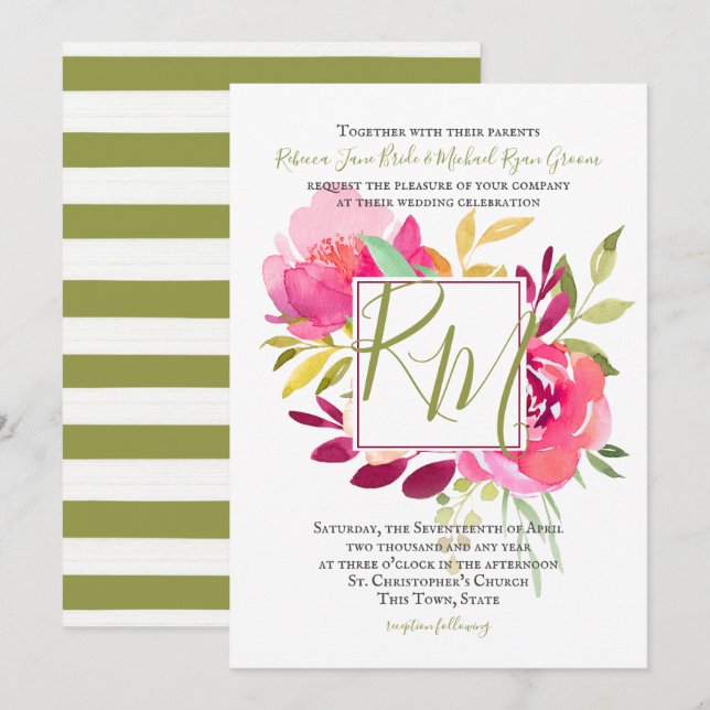 Tropical Brights Rose Square Frame Monogram Invitation (Front/Back)
