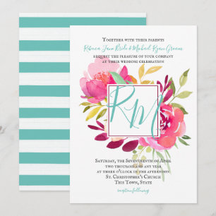 Tropical Brights Rose Square Frame Monogram Invitation