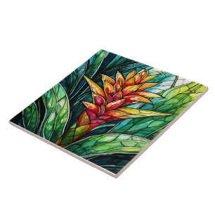 tropical bromeliad stained glass art ceramic tile