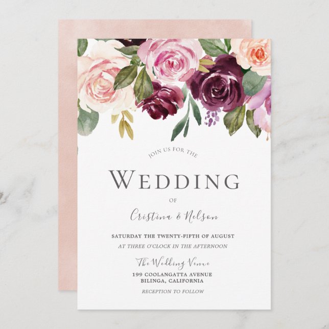 Tropical Burgundy Blush Modern Wedding Invitation (Front/Back)