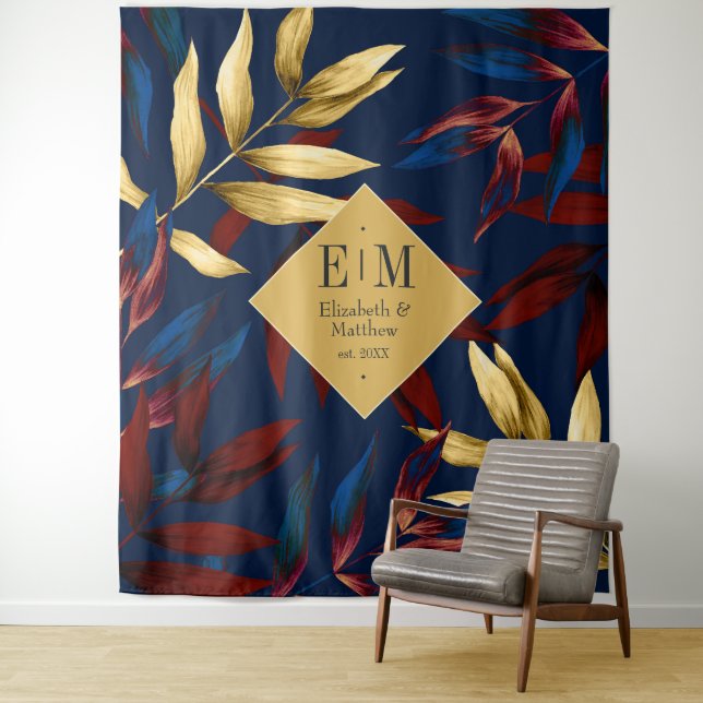 Tropical Burgundy, Navy and Gold Wedding Welcome Tapestry (In Situ)