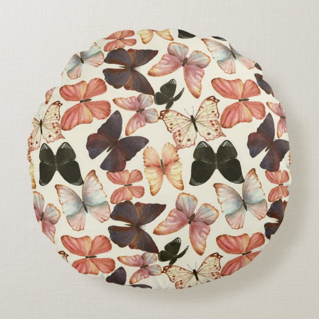 Tropical Butterflies: Watercolor Seamless Pattern. Round Cushion (Front)