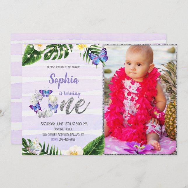 Tropical Butterfly Birthday Invitation With Photo (Front/Back)